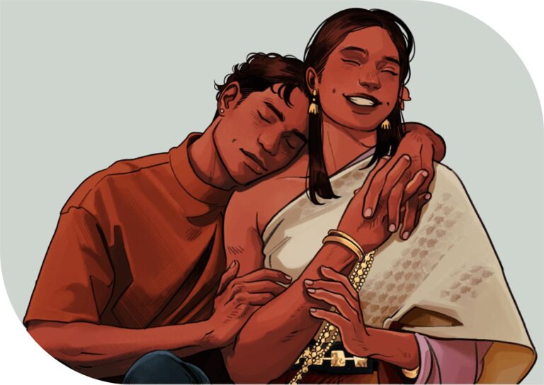 A man with black hair wearing a red shirt leans his head on the shoulder of a trans woman wearing a white sari, and wondering how do I talk about sexual health with my dates?