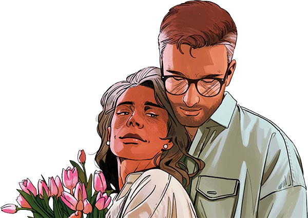 A trans woman holding a bouquet of flowers leans into the chest of a cis man wearing glasses