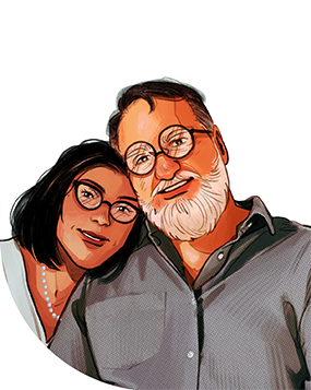 A trans woman leans her head lovingly on the shoulder of an older cis man