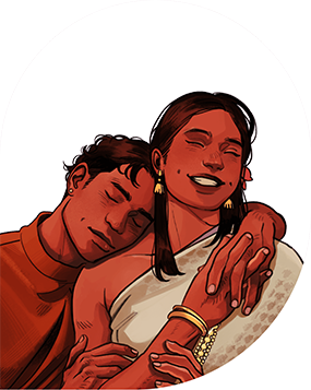 A cis man leans his head lovingly on the shoulder of a trans woman wearing a sari